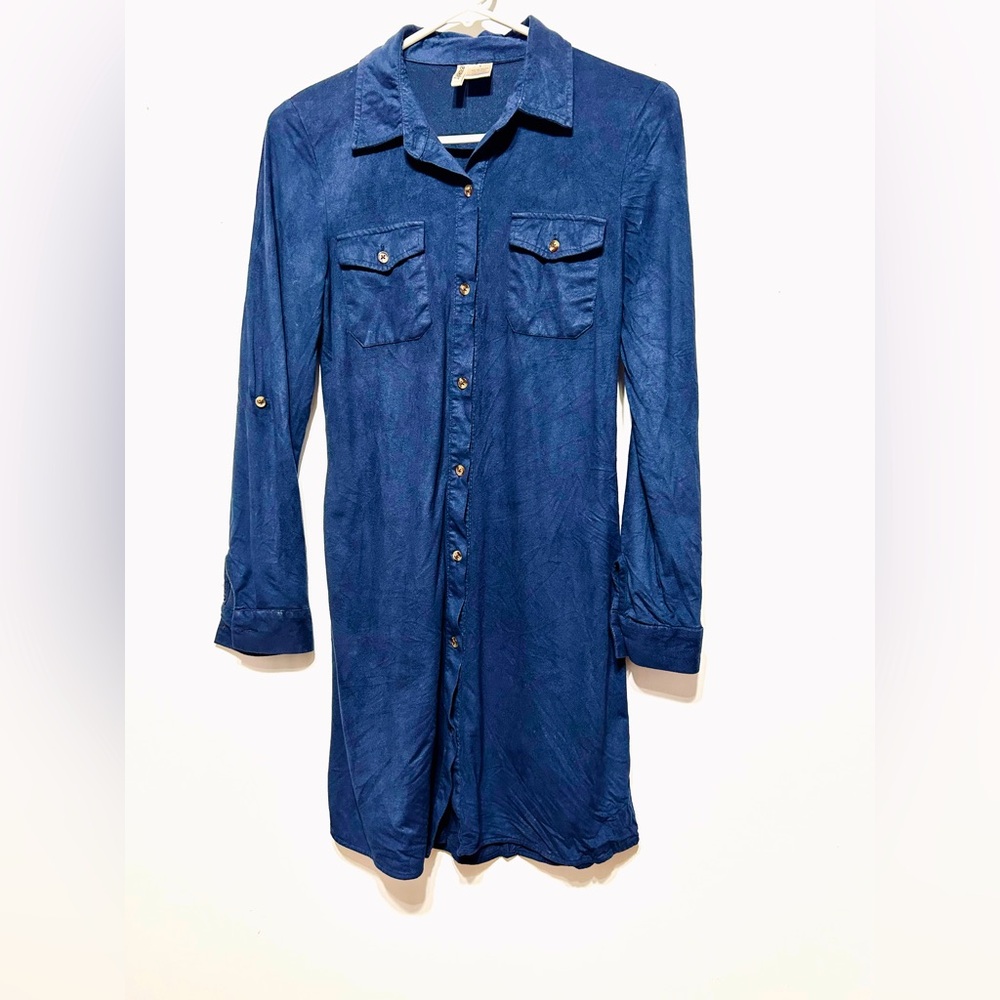 Passport Blue Front Button Long Sleeve Casual Shift Dress
